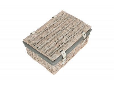 Basket, 14 inch EMPTY WICKER HAMPER BASKET - WHITE WASH - GREY SAGE LINING