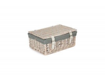 Basket, 14 inch EMPTY WICKER HAMPER BASKET - WHITE WASH - GREY SAGE LINING