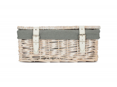 Basket, 14 inch EMPTY WICKER HAMPER BASKET - WHITE WASH - GREY SAGE LINING