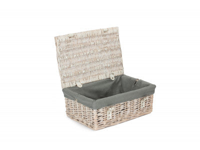 Basket, 14 inch EMPTY WICKER HAMPER BASKET - WHITE WASH - GREY SAGE LINING