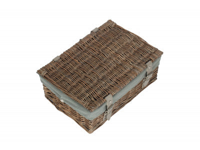 Basket, 14 inch EMPTY WICKER HAMPER BASKET - ANTIQUE WASH - GREY SAGE LINING