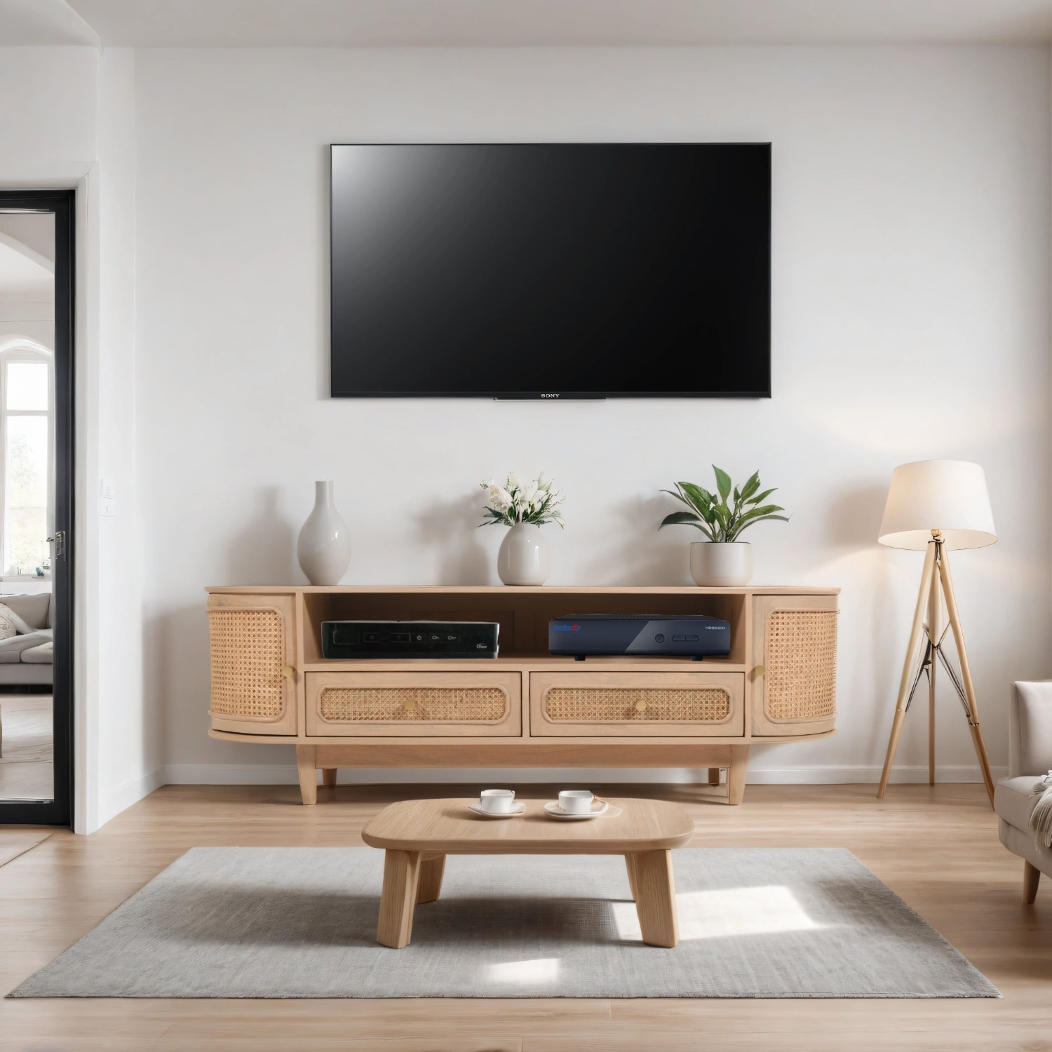 Cane & Mango Wood 2 Drawers and 2 Door TV Cabinet