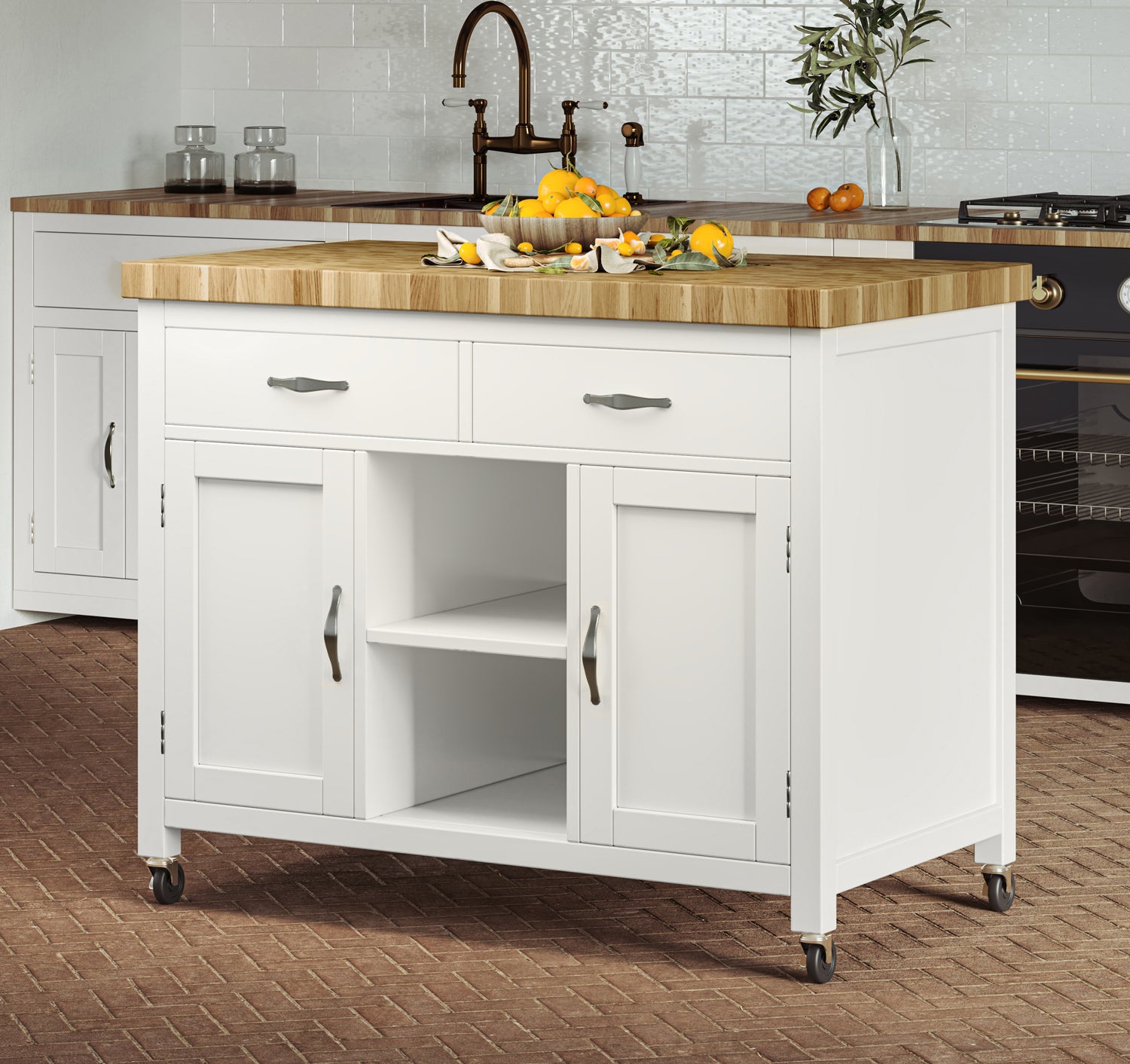 Kitchen Island (White) with Butchers Block : 