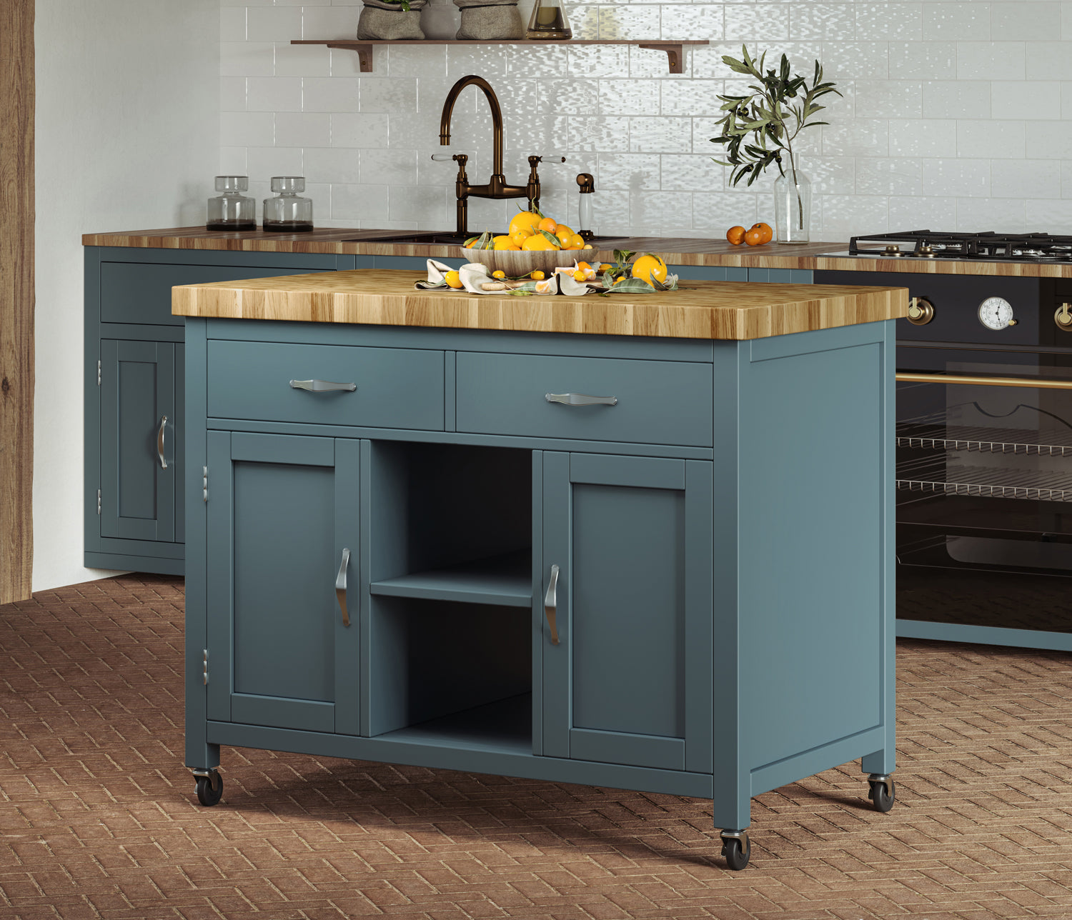 Kitchen Island (Blue) with Butchers Block : 