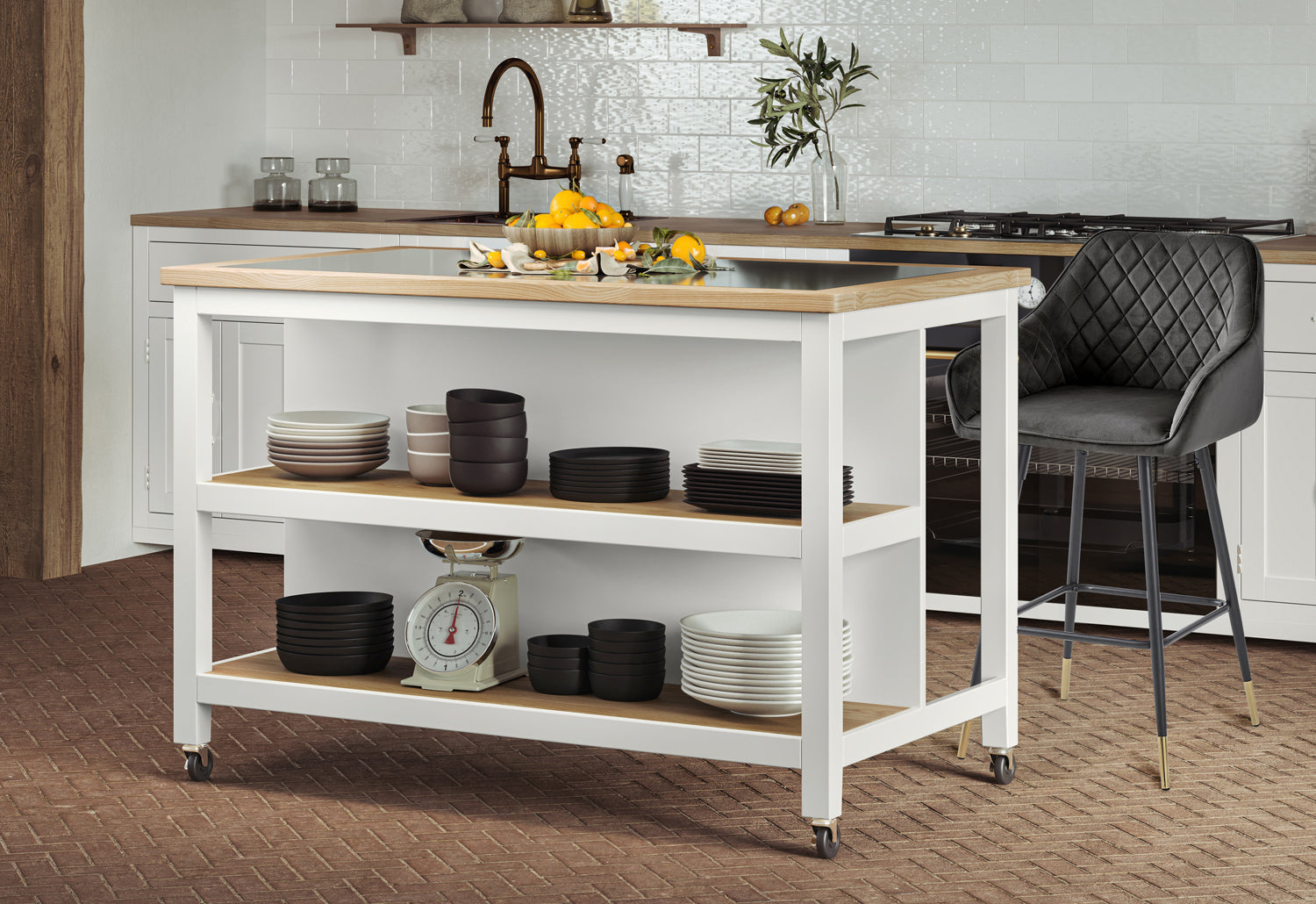 Kitchen Island (White) Open with Breakfast Bar : 