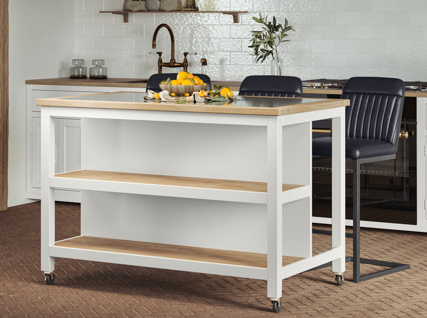 Kitchen Island (White) Open with Breakfast Bar : 
