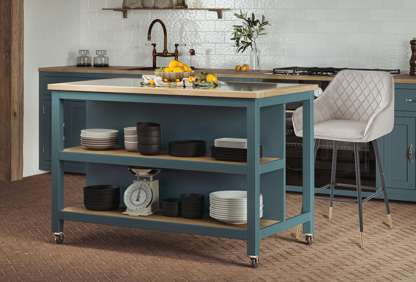 Kitchen Island (Blue) Open with Breakfast Bar : 
