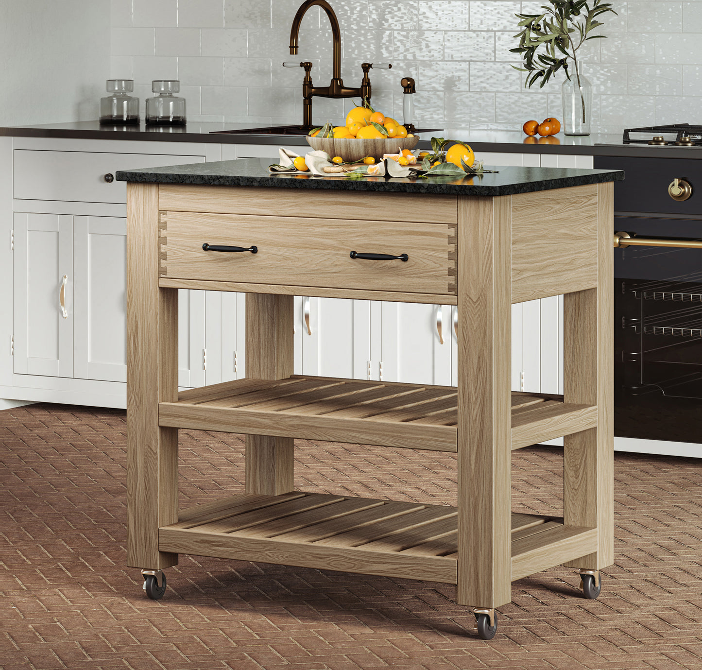 Kitchen Island (Oak) Two Drawer With Black Granite Top : 