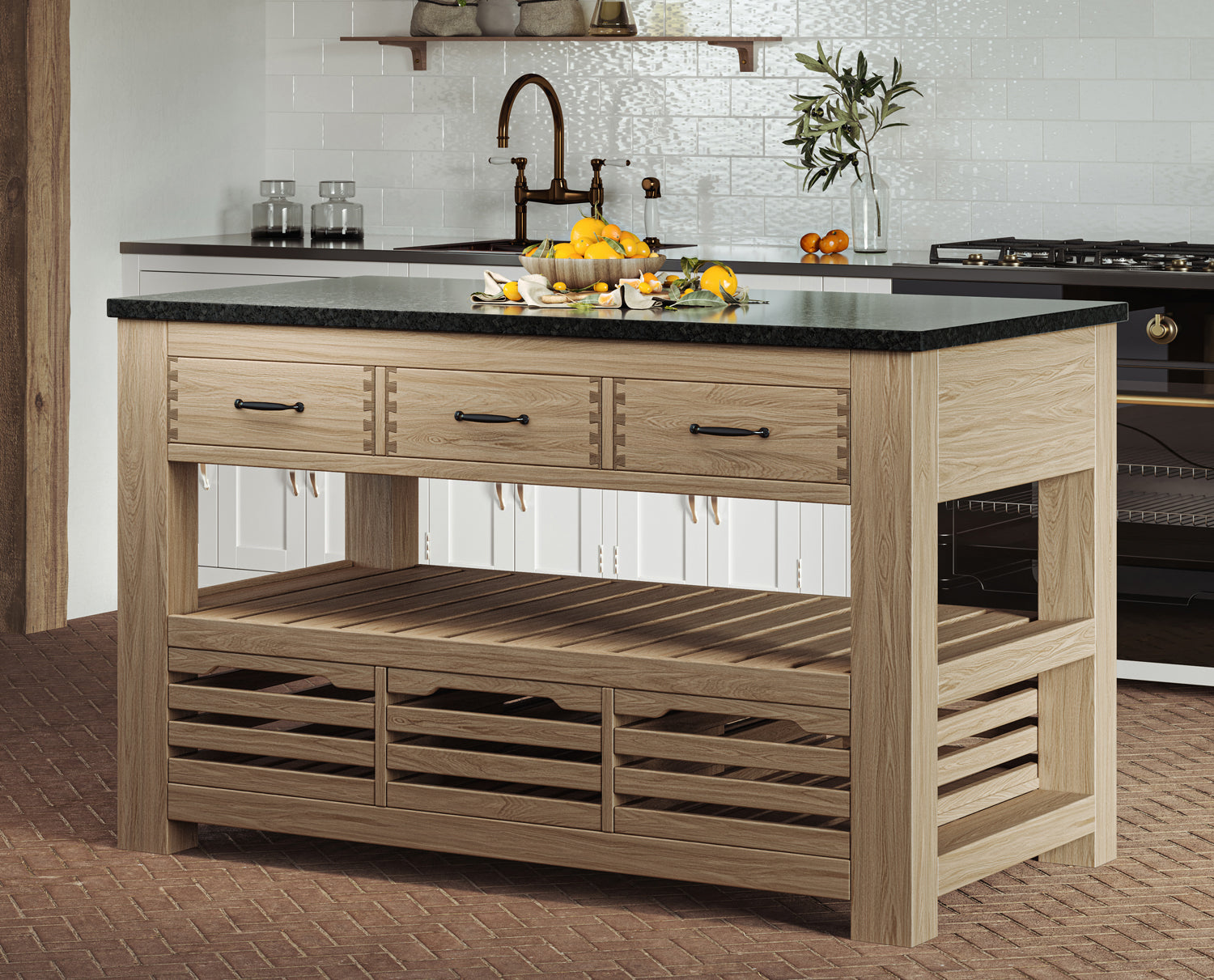 Kitchen Island (Oak) Three Drawer With Black Granite Top : 