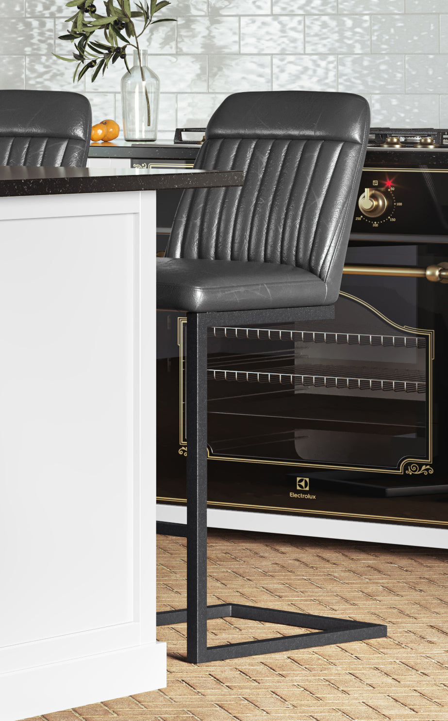 Vintage Grey Leather Bar Stool  (Pack of Two) :  Reclaimed Range, Grey Leather, Steel Framed Bar Stool With Antiqued, Distressed Leather, stylish