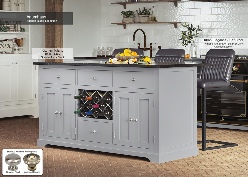 Grey Kitchen Island With Black Granite Worktop : Stunning  Grey Painted Kitchen Island with Black Granite Worktop. Comes with wine racks, and a selection of either rustic or modern brushed steel handles and knobs