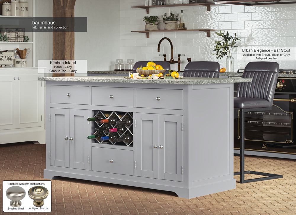 Grey Kitchen Island With Grey Granite Worktop : Stunning  Grey Painted Kitchen Island with Grey Granite Worktop. Comes with wine racks, and a selection of either rustic or modern brushed steel handles and knobs