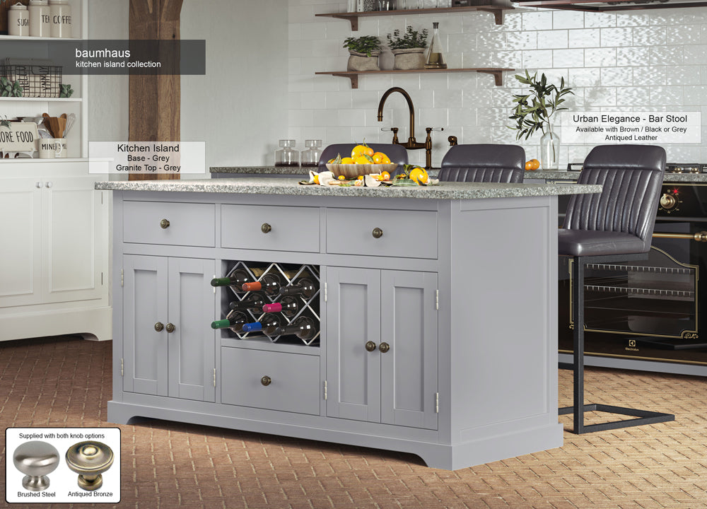 Grey Kitchen Island With Grey Granite Worktop : Stunning  Grey Painted Kitchen Island with Grey Granite Worktop. Comes with wine racks, and a selection of either rustic or modern brushed steel handles and knobs