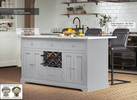 Grey Kitchen Island With White Marble Worktop : Stunning  Grey Painted Kitchen Island with White Granite Worktop. Comes with wine racks, and a selection of either rustic or modern brushed steel handles and knobs
