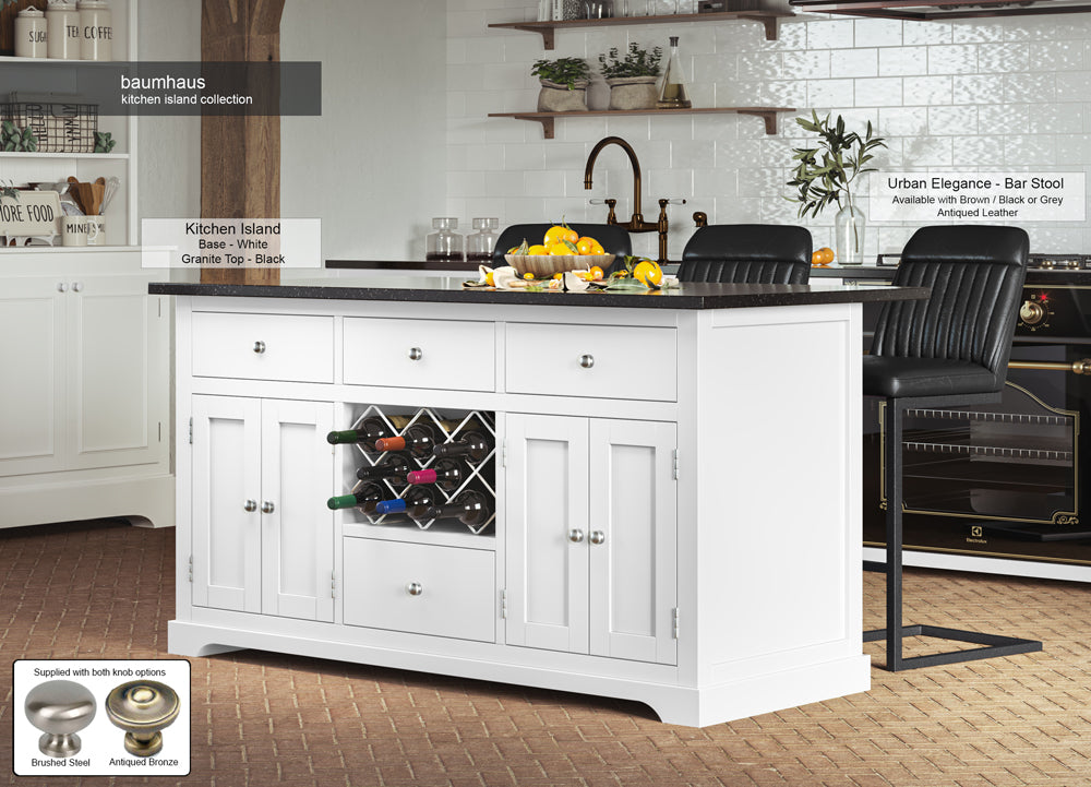 White Kitchen Island With Black Granite Worktop : Stunning  White Painted Kitchen Island with Black Granite Worktop. Comes with wine racks, and a selection of either rustic or modern brushed steel handles and knobs