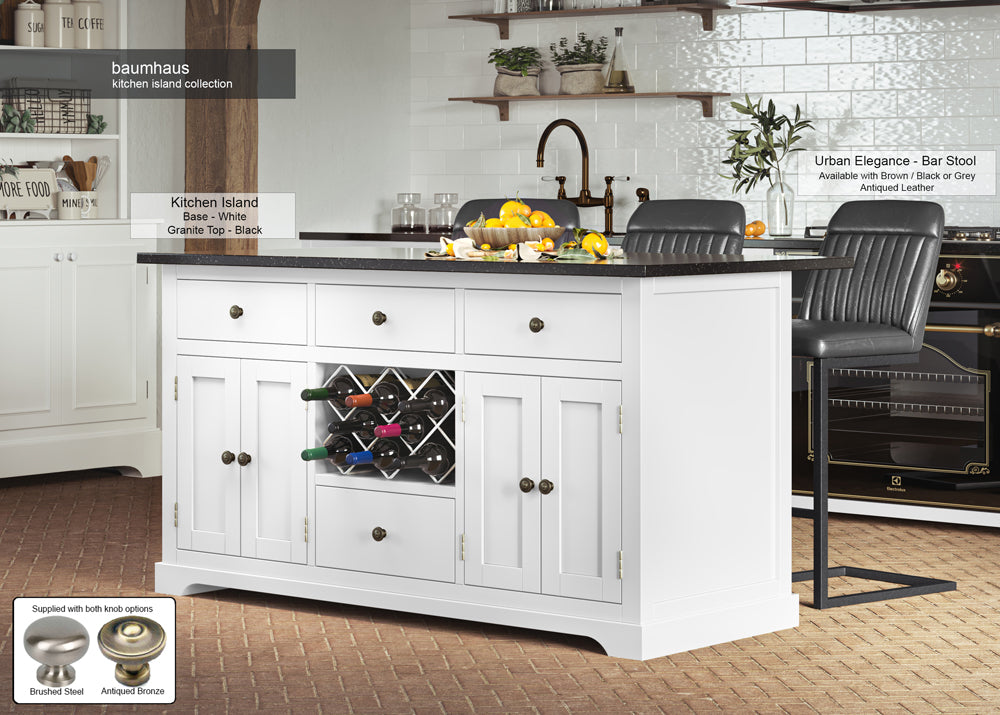 White Kitchen Island With Black Granite Worktop : Stunning  White Painted Kitchen Island with Black Granite Worktop. Comes with wine racks, and a selection of either rustic or modern brushed steel handles and knobs