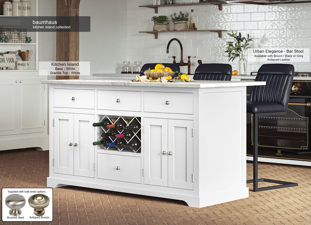 White Kitchen Island With White Marble Worktop : Stunning  White Painted Kitchen Island with White Granite Worktop. Comes with Wine rack And a selection of either rustic or modern brushed steel Handles and Knobs