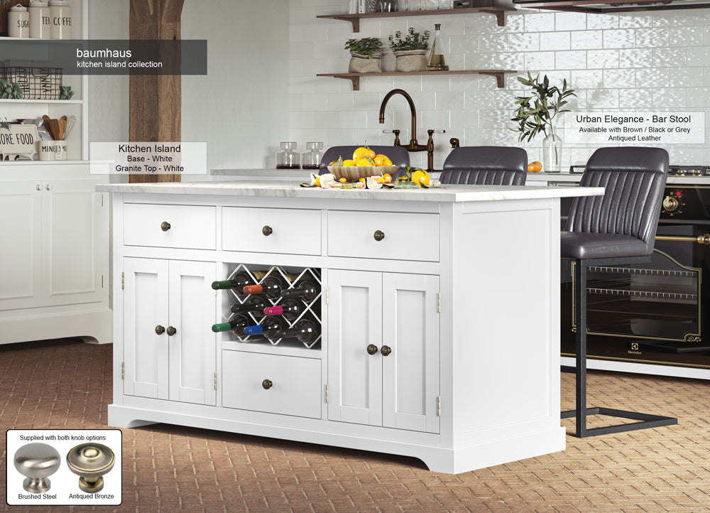 White Kitchen Island With White Marble Worktop : Stunning  White Painted Kitchen Island with White Granite Worktop. Comes with Wine rack And a selection of either rustic or modern brushed steel Handles and Knobs