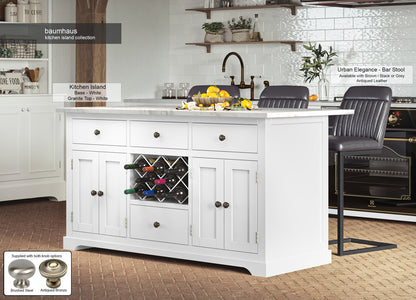 White Kitchen Island With White Marble Worktop : Stunning  White Painted Kitchen Island with White Granite Worktop. Comes with Wine rack And a selection of either rustic or modern brushed steel Handles and Knobs