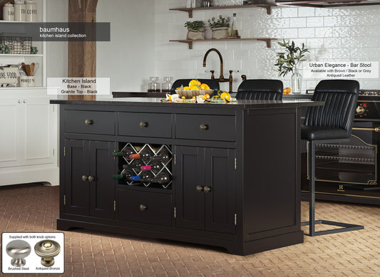 Black Kitchen Island With Black Granite Worktop : Stunning  Black Painted Kitchen Island with Black Granite Worktop. Comes with wine racks, and a selection of either rustic or modern brushed steel handles and knobs