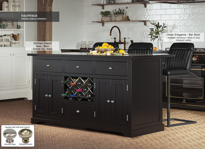 Black Kitchen Island With Black Granite Worktop : Stunning  Black Painted Kitchen Island with Black Granite Worktop. Comes with wine racks, and a selection of either rustic or modern brushed steel handles and knobs