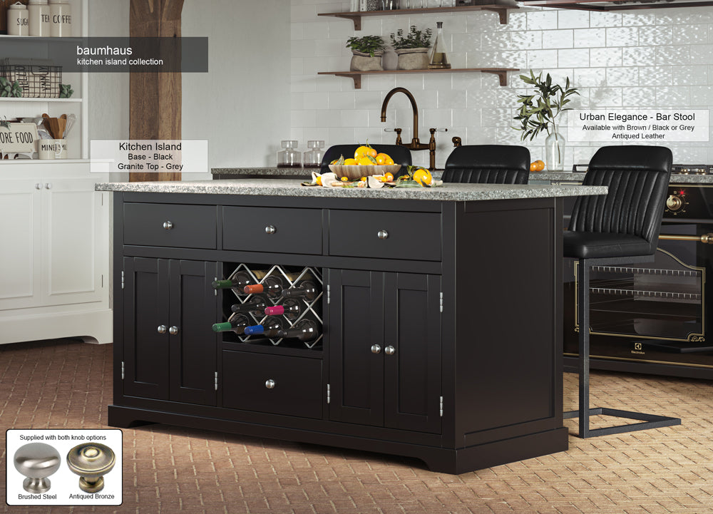 Black Kitchen Island With Grey Granite Worktop : Stunning  Black Painted Kitchen Island with Grey Granite Worktop. Comes with wine racks, and a selection of either rustic or modern brushed steel handles and knobs