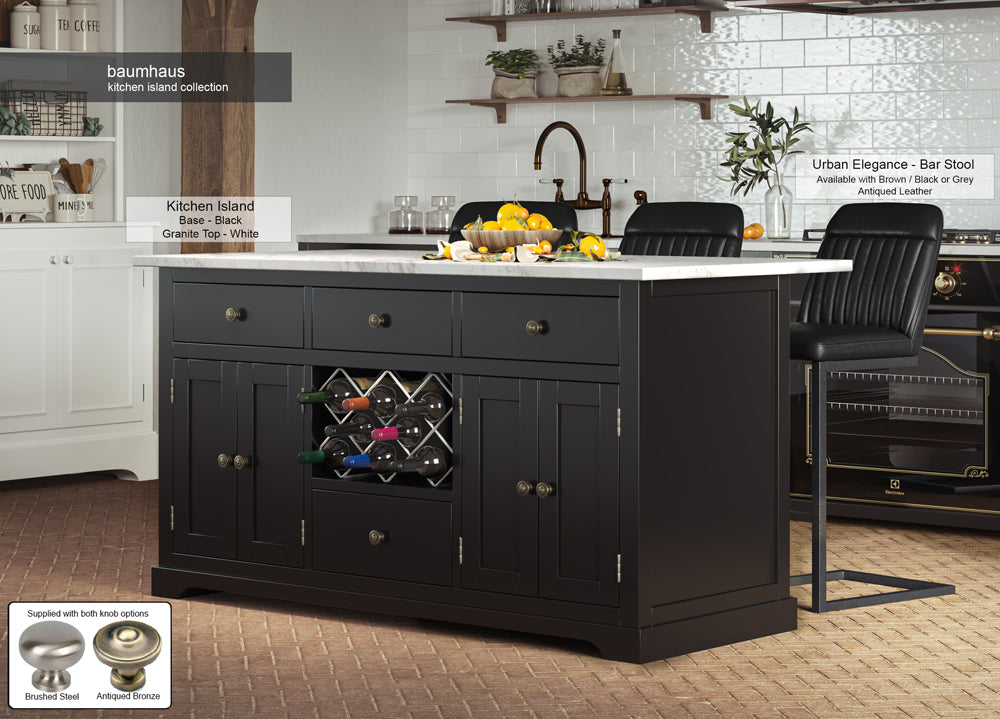 Black Kitchen Island With White Marble Worktop : Stunning  Black Painted Kitchen Island with White Granite Worktop. Comes with wine racks, and a selection of either rustic or modern brushed steel handles and knobs