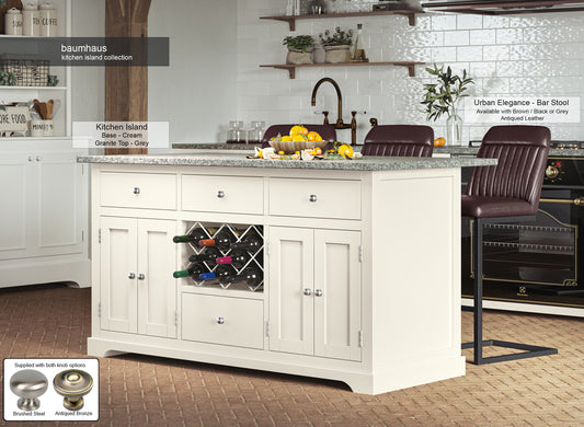 Cream Kitchen Island With Grey Granite Worktop : Stunning  Cream Painted Kitchen Island with Grey Granite Worktop. Comes with wine racks, and a selection of either rustic or modern brushed steel handles and knobs