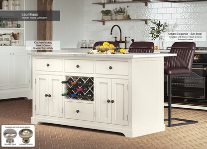 Cream Kitchen Island With White Marble Worktop : Stunning  Cream Painted Kitchen Island with White Granite Worktop. Comes with wine racks, and a selection of either rustic or modern brushed steel handles and knobs
