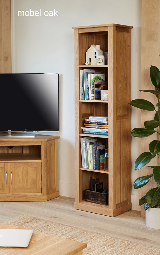 Oak Narrow Bookcase :  tall narrow alcove bookcase. Quality storage solutions for contemporary living. Part of the  Oak living room furniture range.
