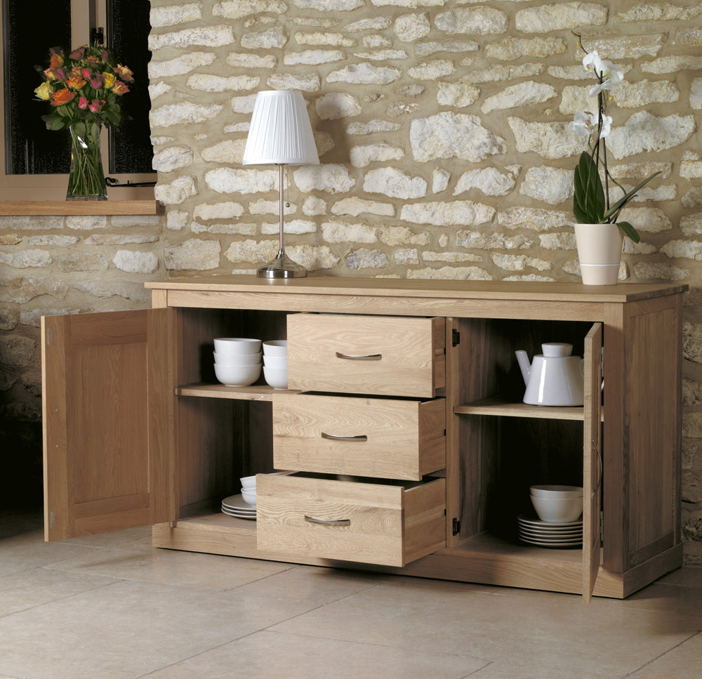 Oak Large Sideboard :  large three drawer sideboard. Quality storage solutions for contemporary living. Part of the  Oak dining room furniture range.