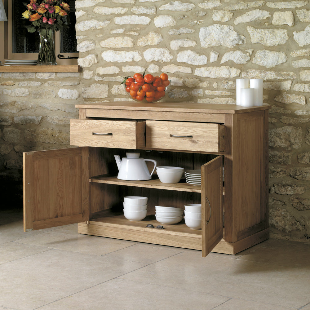 Oak Small Sideboard :  small oak sideboard. two doors and two drawers Quality storage solutions for contemporary living. Part of the  Oak dining room furniture range.