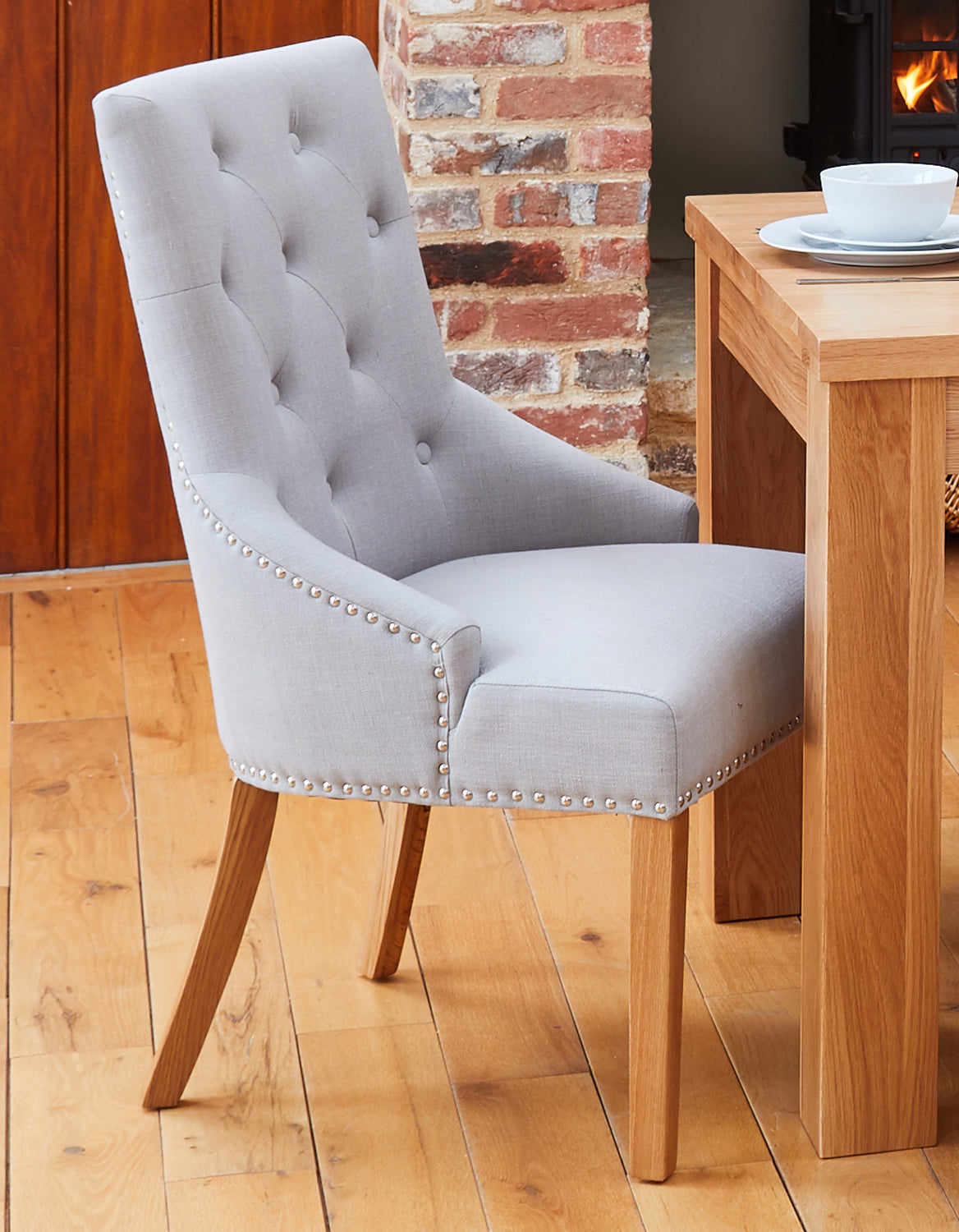 Oak Accent Narrow Back Upholstered Dining Chair - Grey (Pack Of Two) : Pair of exquisite oak upholstered dining chairs. Part of the  Oak dining room furniture ranges