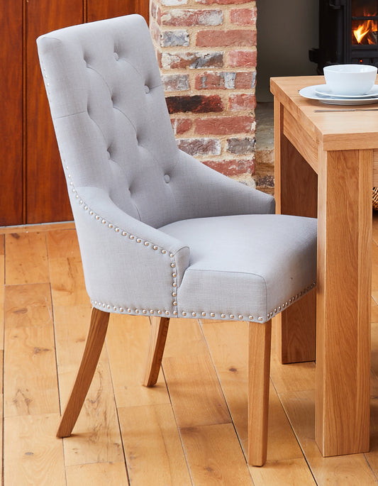 Oak Accent Narrow Back Upholstered Dining Chair - Grey (Pack Of Two) : Pair of exquisite oak upholstered dining chairs. Part of the  Oak dining room furniture ranges