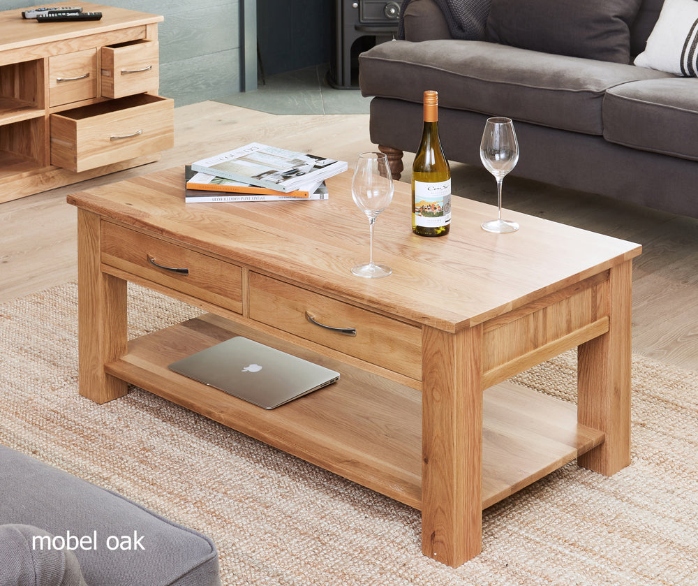 Oak Four Drawer Coffee Table :  Oak large four drawer coffee table with shelf. Stylish solutions for contemporary living. Part of the  Oak living room furniture range.