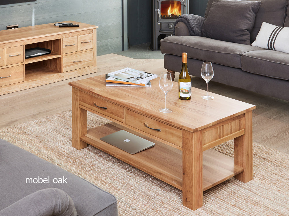 Oak Four Drawer Coffee Table :  Oak large four drawer coffee table with shelf. Stylish solutions for contemporary living. Part of the  Oak living room furniture range.