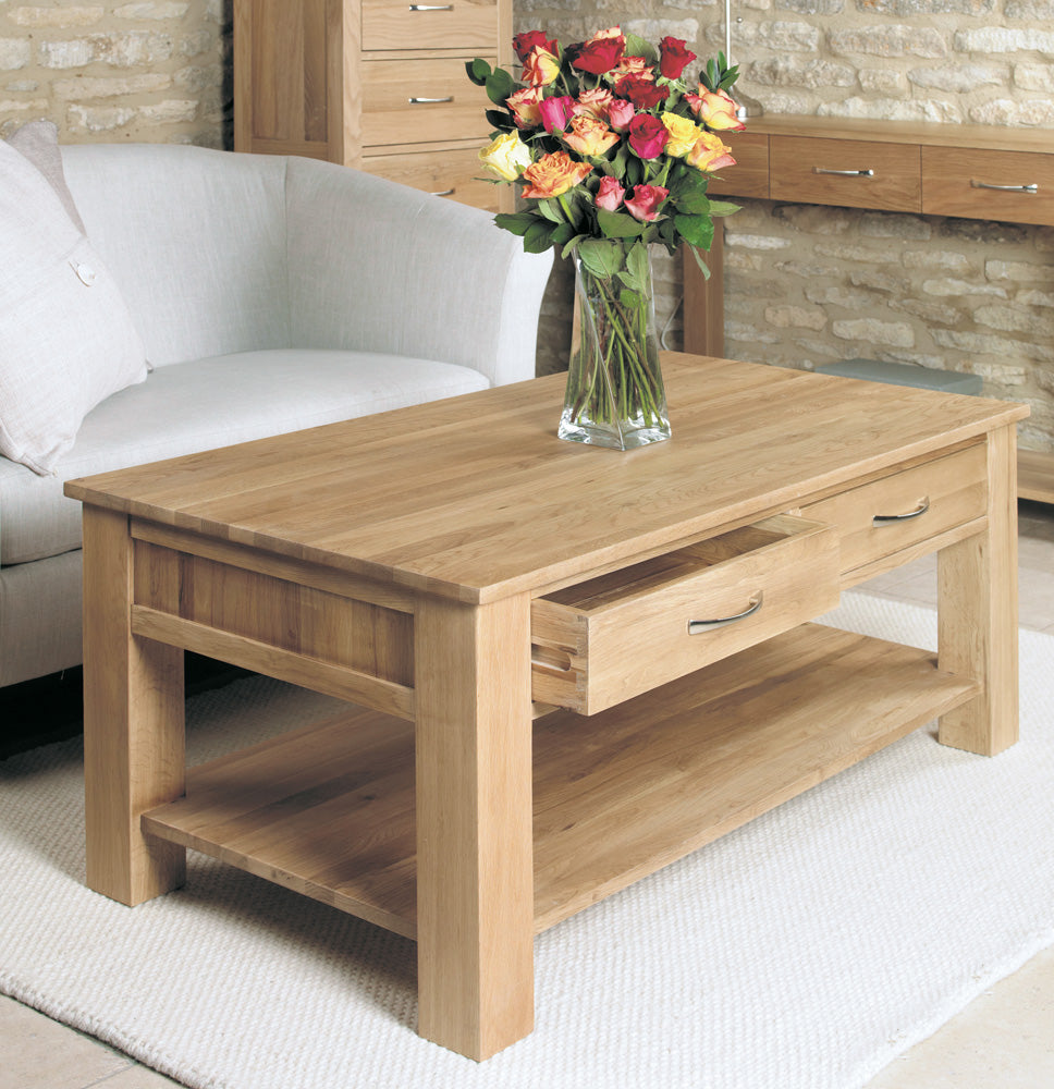 Oak Four Drawer Coffee Table :  Oak large four drawer coffee table with shelf. Stylish solutions for contemporary living. Part of the  Oak living room furniture range.