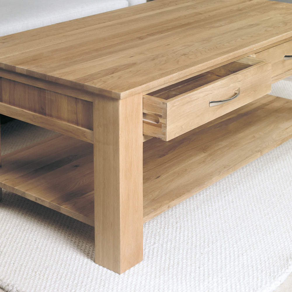 Oak Four Drawer Coffee Table :  Oak large four drawer coffee table with shelf. Stylish solutions for contemporary living. Part of the  Oak living room furniture range.