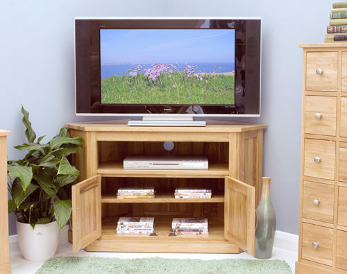 Oak Corner Television Cabinet :  Oak corner television (TV) and DVD cabinet. Stylish solutions for contemporary living. Part of the  Oak living room furniture range.