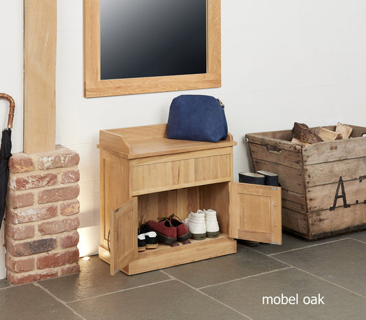 Oak Shoe Bench with Hidden Storage :  Oak shoe cupboard. Stylish storage solutions for contemporary living. Part of the  Oak hall furniture range.furniture range.