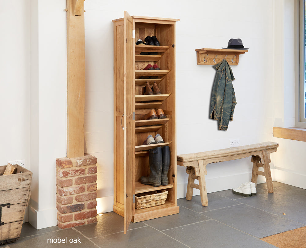 Oak Tall Shoe Cupboard :  Oak tall alcove shoe storage cupboard. Stylish storage solutions for contemporary living. Part of the  Oak hall furniture range.