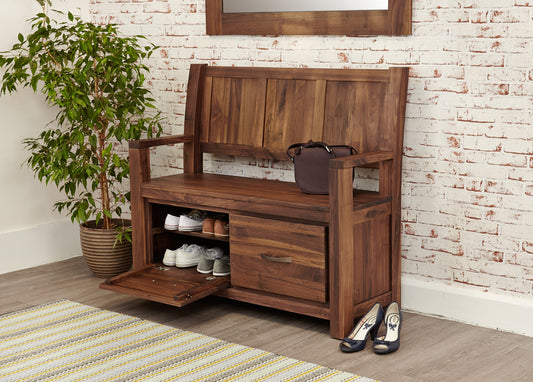 Walnut Monks Bench with Shoe Storage : Walnut shoe cupboard. Stylish storage solutions for contemporary living. Part of the walnut hall furniture range.