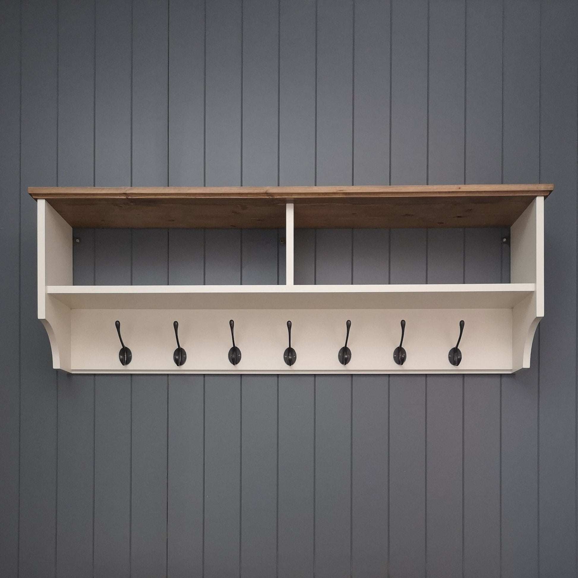 Painted coat rack with 2 shelves for hats.
