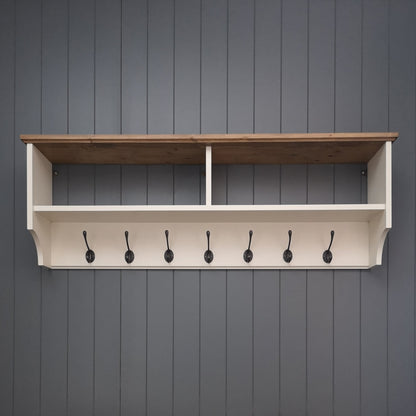 Painted coat rack with 2 shelves for hats.