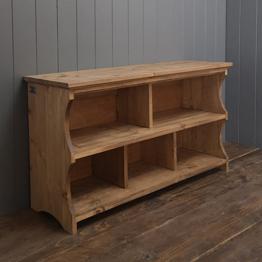 Hallway shoe bench seat finished in antique pine.