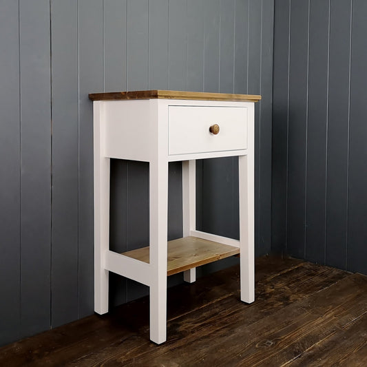 Antique White painted side or beside table. Deep drawer and antique pine finished shelf