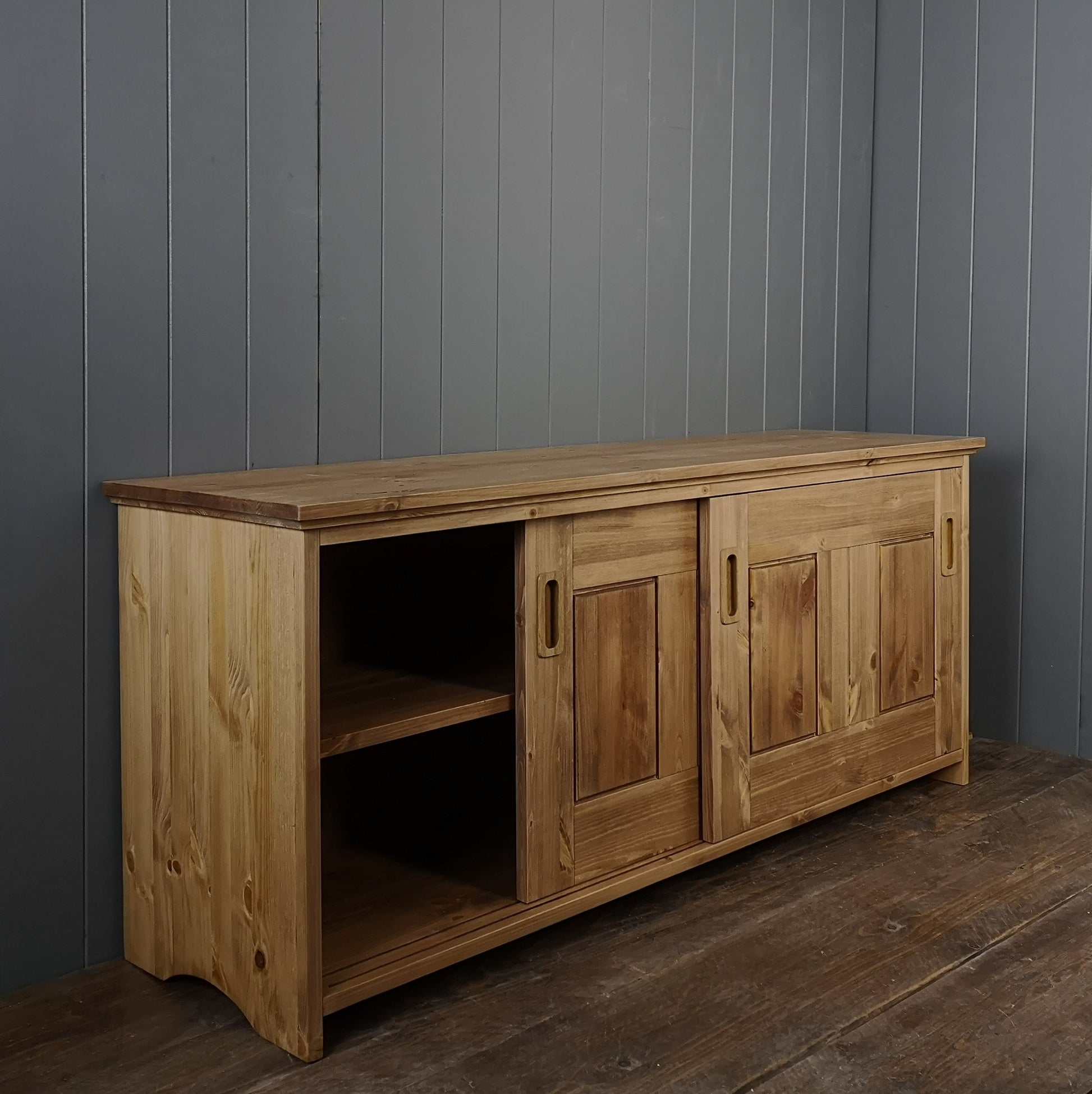Antique pine shoe storage cupboard, Open door shows shelves inside