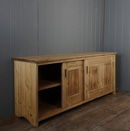 Antique pine shoe storage cupboard, Open door shows shelves inside
