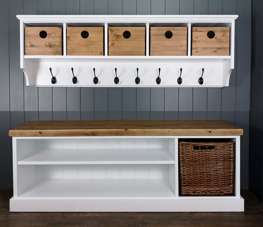 Large shoe bench and coat rack hallway set including basket & storage boxes.