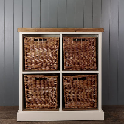 Large antique white painted hallway or nursery storage. 4 large wicker storage baskets suitable for shoes or toys. Antique pine wooden top.